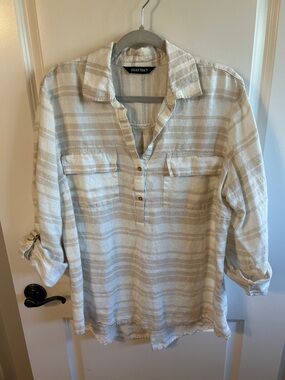 Ellen Tracy Cream & Beige Striped Button-Down Casual Shirt #049